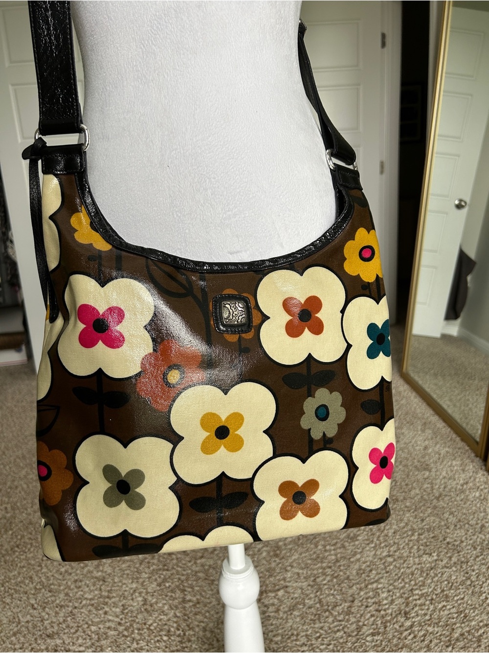 BRIGHTON Floral Print Coated Canvas Crossbody Bag Purse Y2K